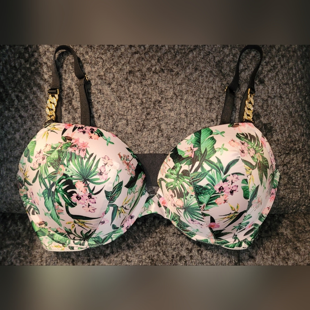 VICTORIA’S SECRET VERY SEXY BLING CHAIN PUSH UP TROPICAL BRA 36DD PINK GREEN